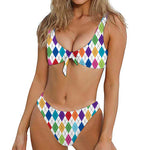 Colorful Argyle Pattern Print Front Bow Tie Bikini