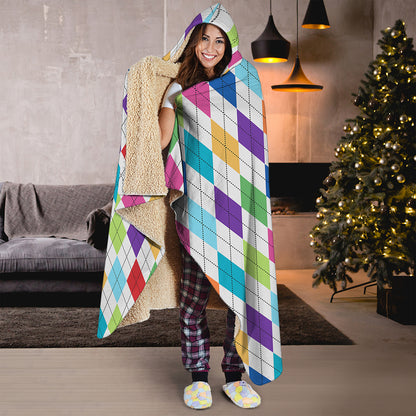 Colorful Argyle Pattern Print Hooded Blanket