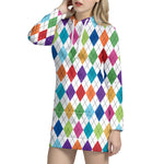 Colorful Argyle Pattern Print Hoodie Dress