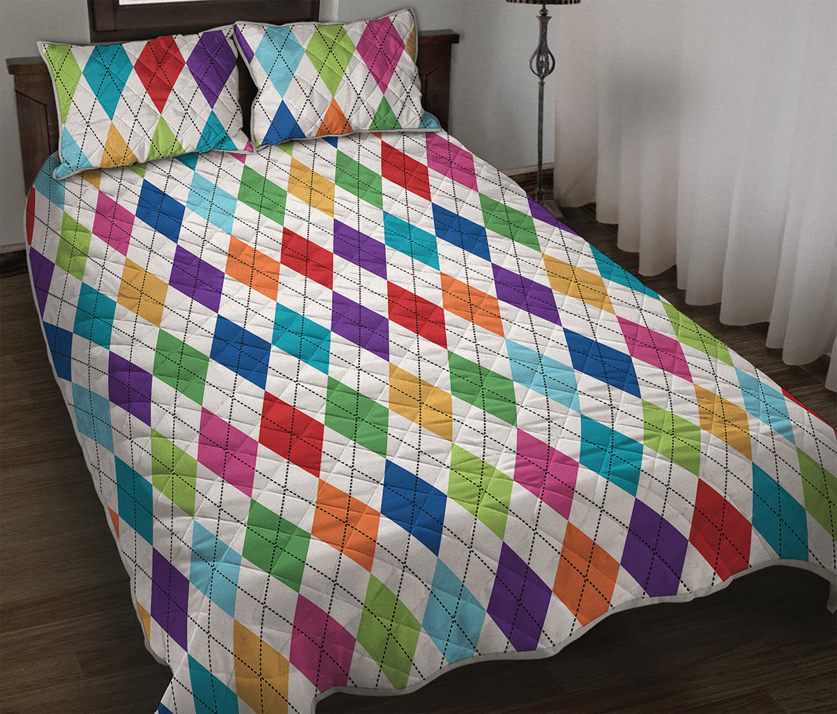 Colorful Argyle Pattern Print Quilt Bed Set