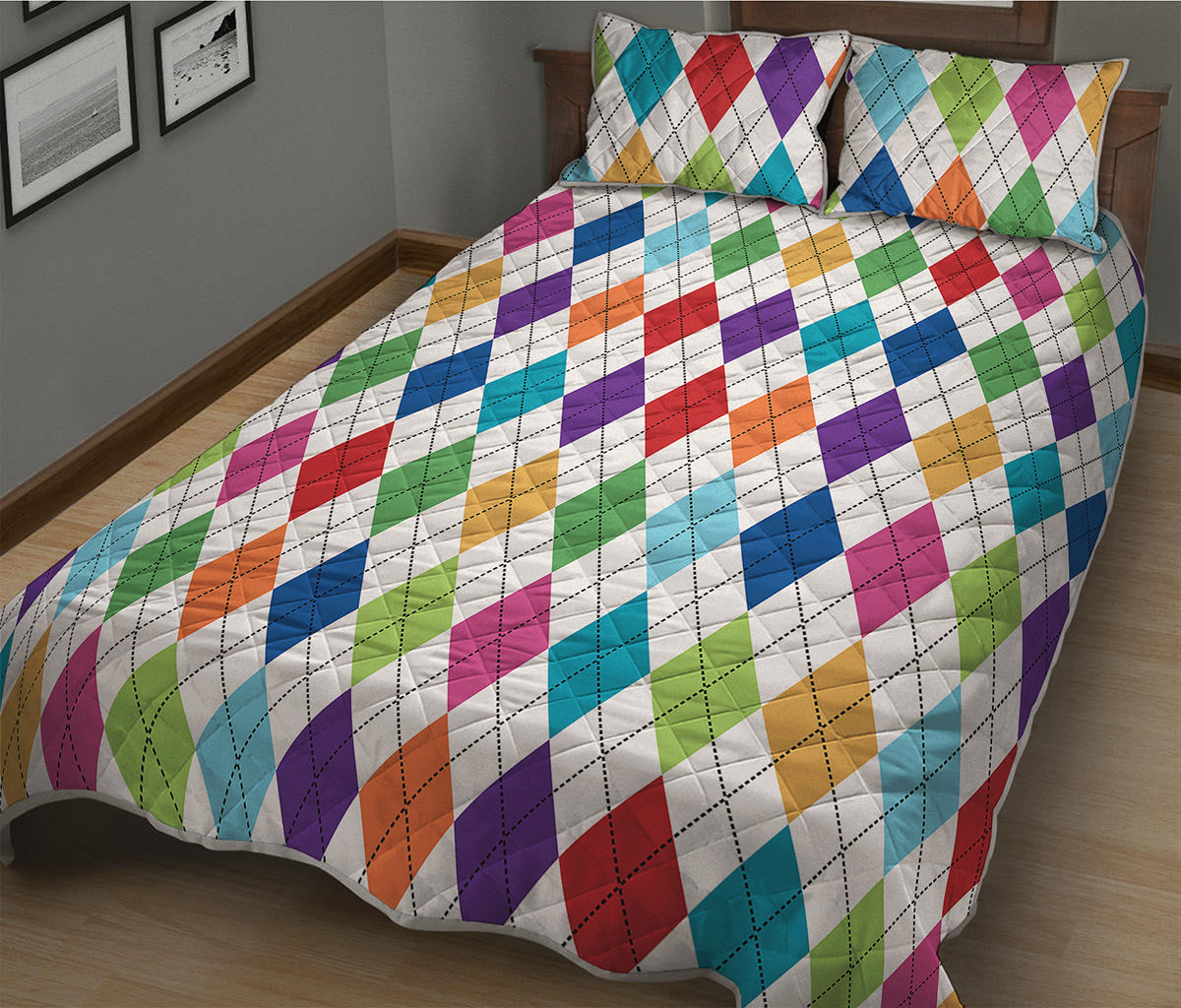 Colorful Argyle Pattern Print Quilt Bed Set