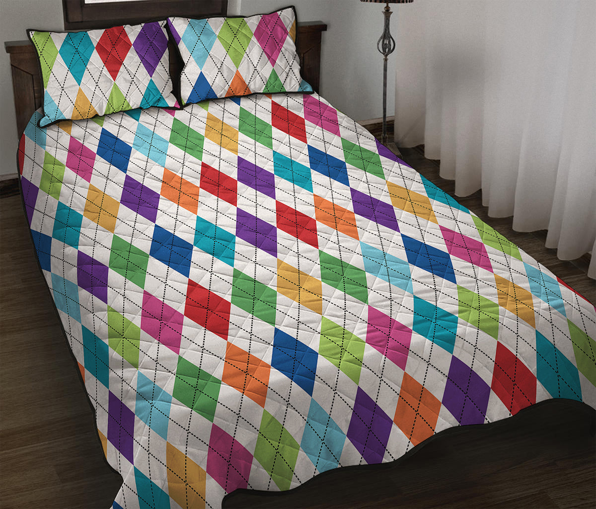 Colorful Argyle Pattern Print Quilt Bed Set