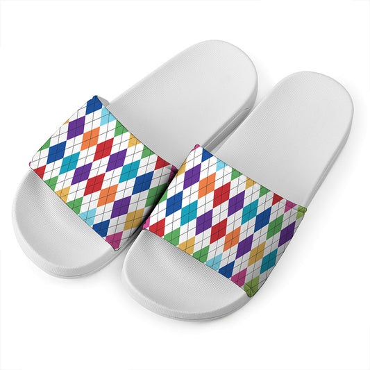 Colorful Argyle Pattern Print White Slide Sandals