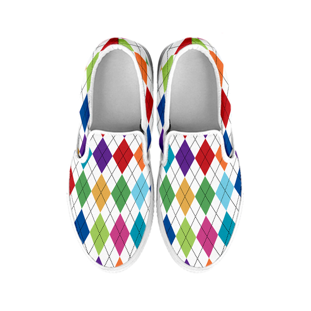 Colorful Argyle Pattern Print White Slip On Shoes
