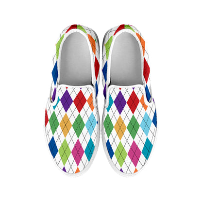 Colorful Argyle Pattern Print White Slip On Shoes