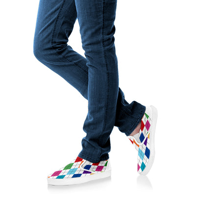 Colorful Argyle Pattern Print White Slip On Shoes