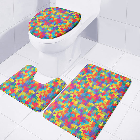 Colorful Autism Awareness Jigsaw Print 3 Piece Bath Mat Set
