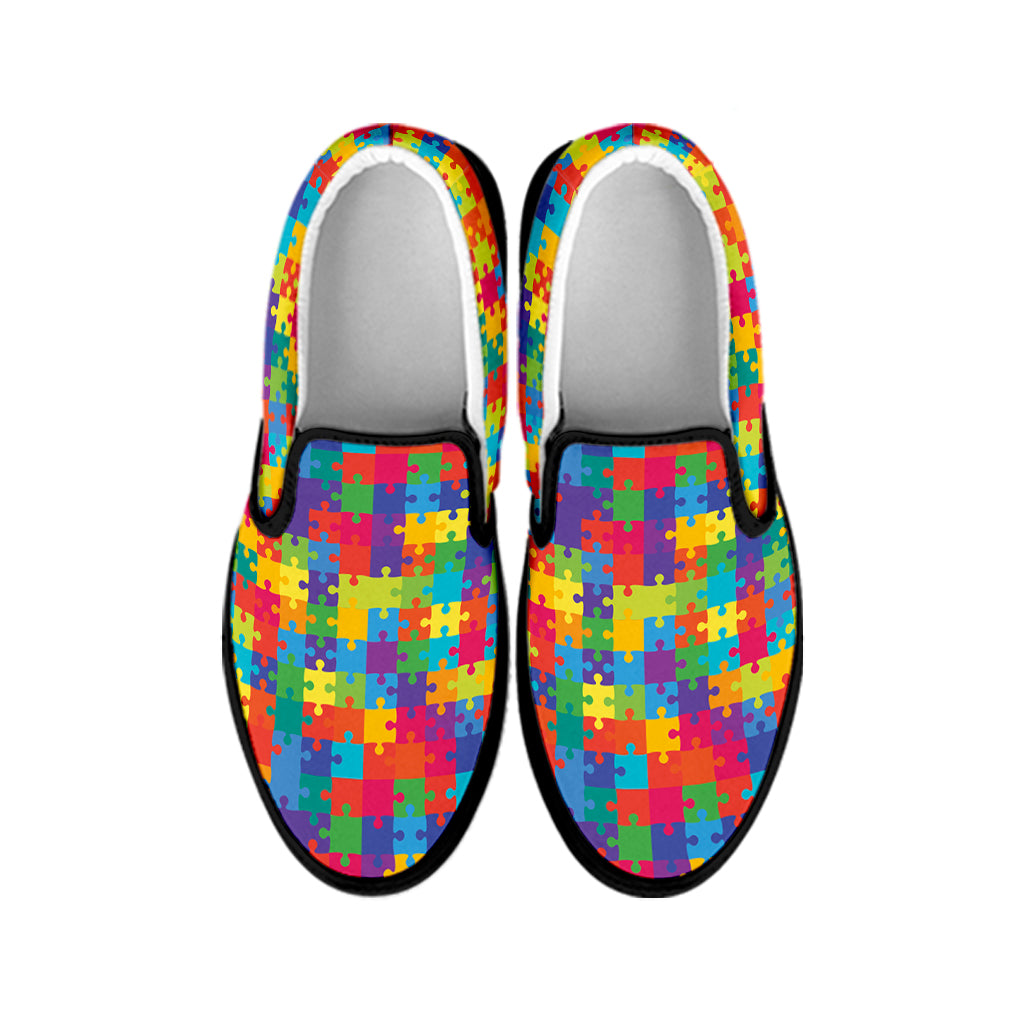 Colorful Autism Awareness Jigsaw Print Black Slip On Shoes