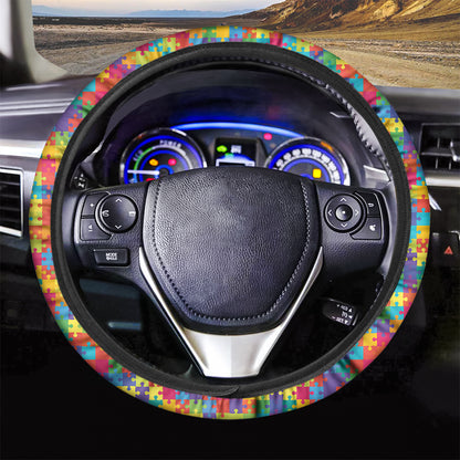 Colorful Autism Awareness Jigsaw Print Car Steering Wheel Cover