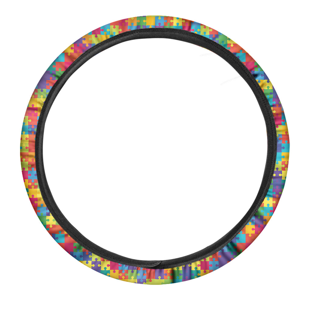 Colorful Autism Awareness Jigsaw Print Car Steering Wheel Cover