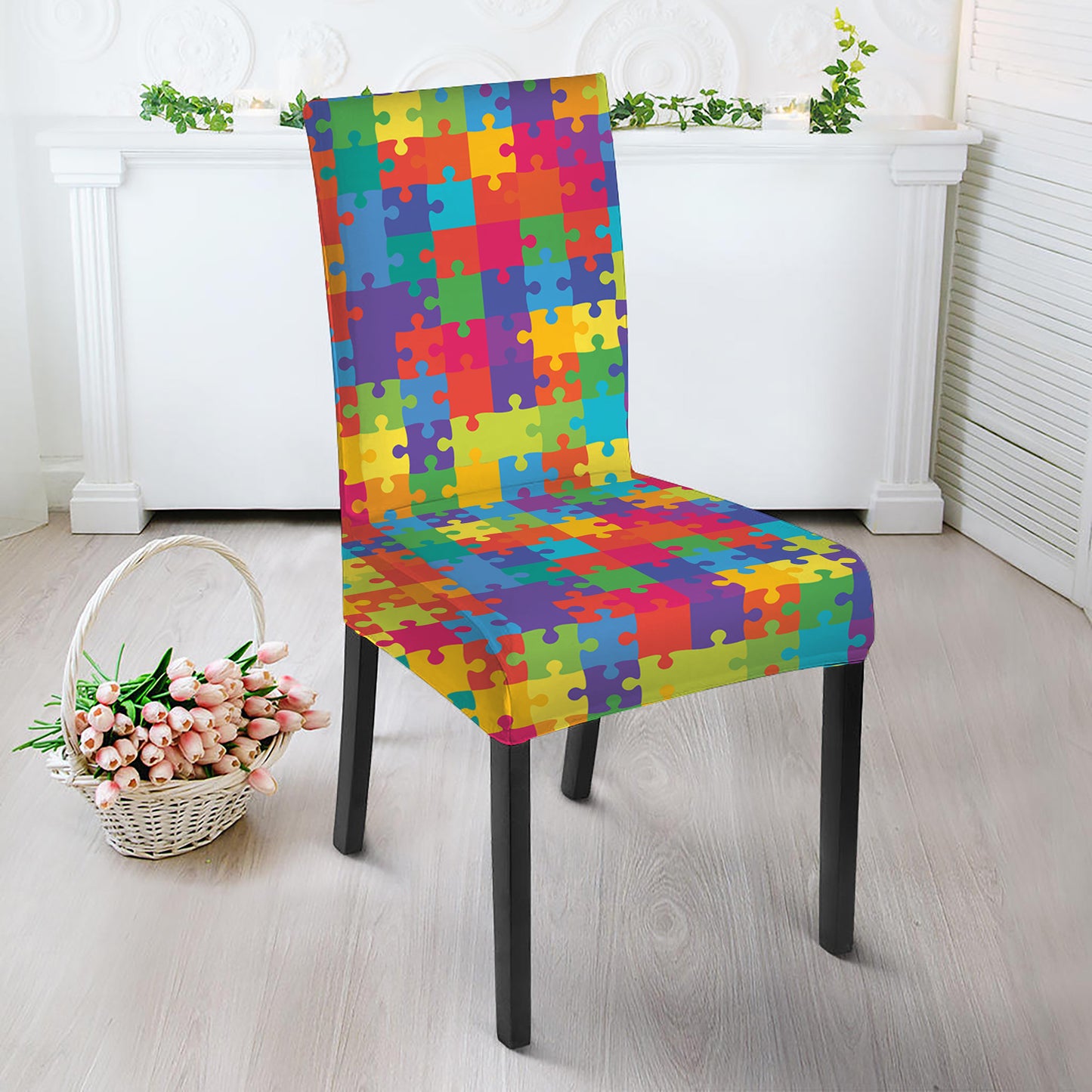 Colorful Autism Awareness Jigsaw Print Dining Chair Slipcover