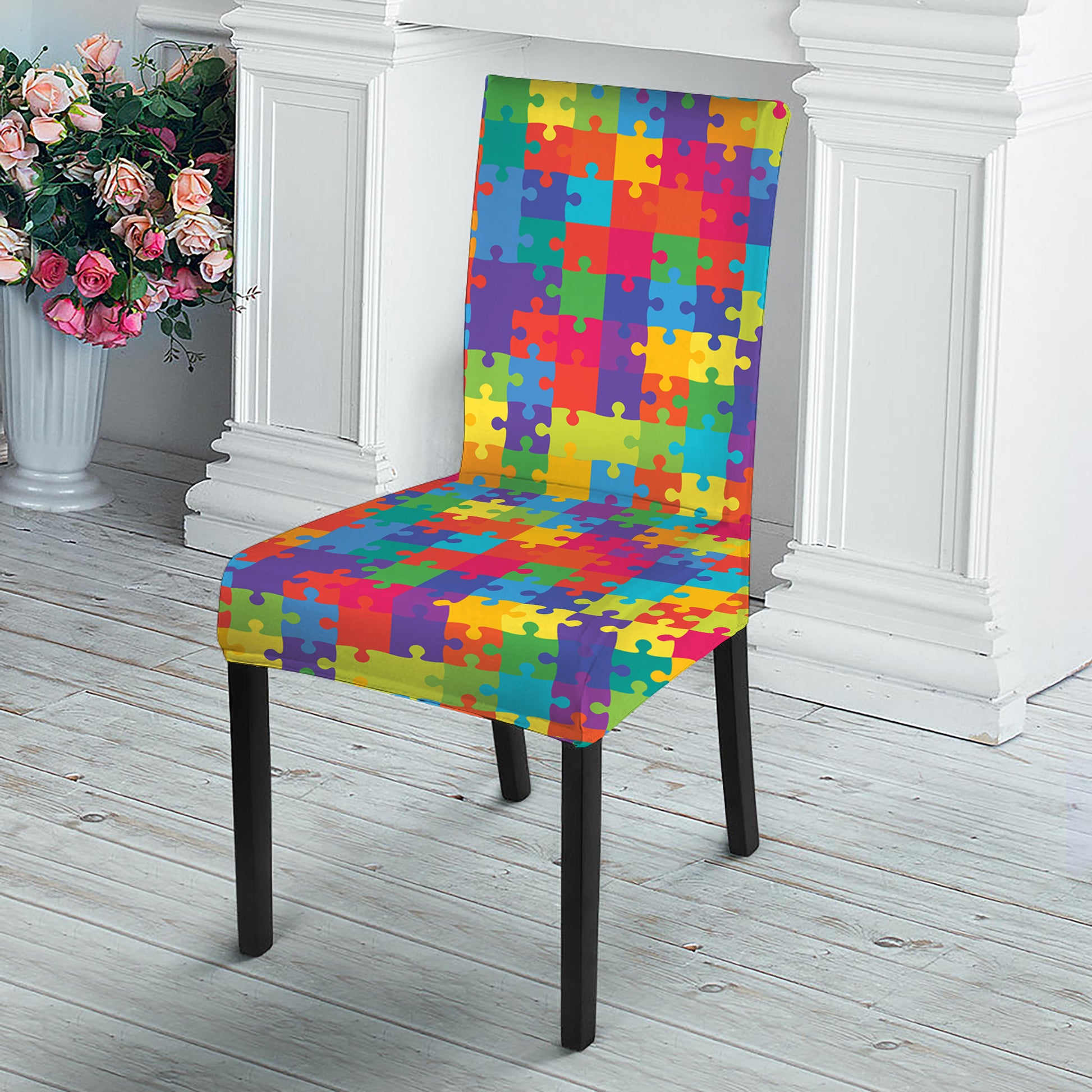 Colorful Autism Awareness Jigsaw Print Dining Chair Slipcover