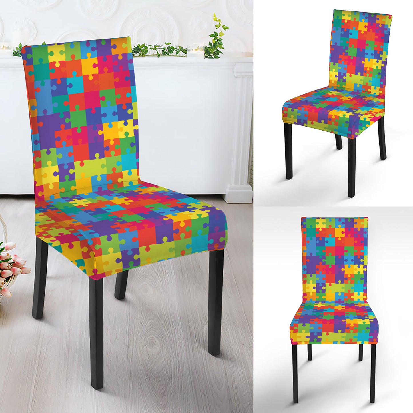 Colorful Autism Awareness Jigsaw Print Dining Chair Slipcover