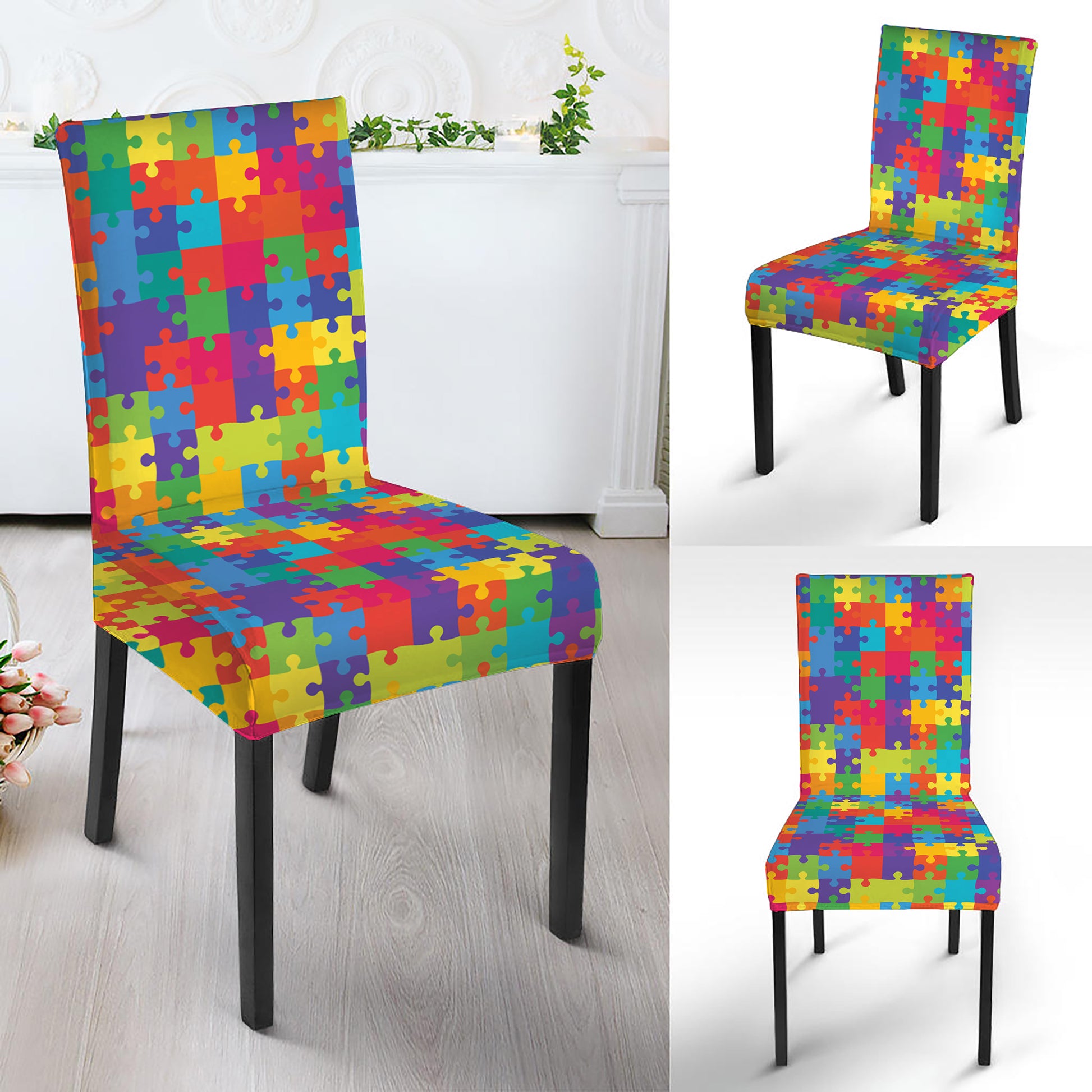 Colorful Autism Awareness Jigsaw Print Dining Chair Slipcover