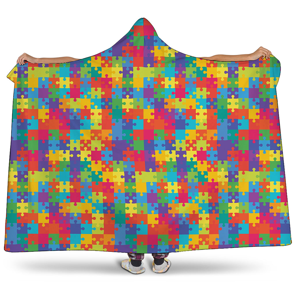 Colorful Autism Awareness Jigsaw Print Hooded Blanket