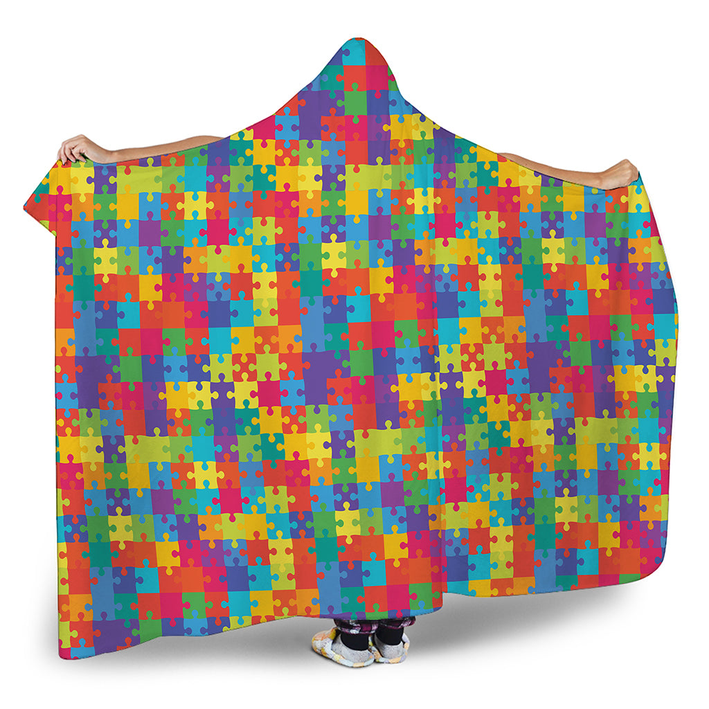 Colorful Autism Awareness Jigsaw Print Hooded Blanket