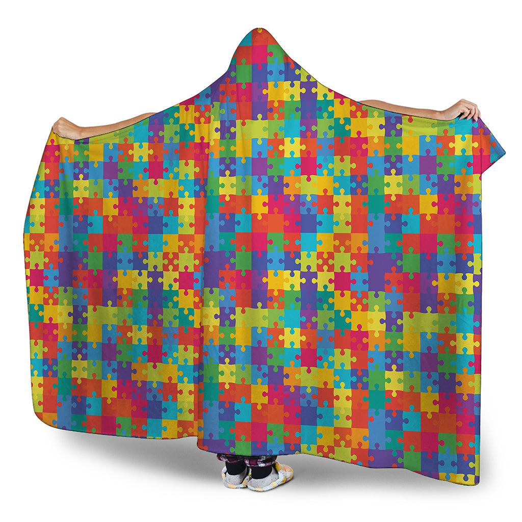 Colorful Autism Awareness Jigsaw Print Hooded Blanket