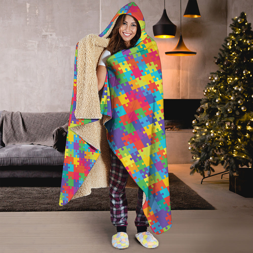 Colorful Autism Awareness Jigsaw Print Hooded Blanket