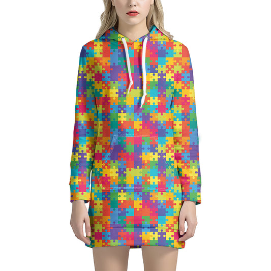 Colorful Autism Awareness Jigsaw Print Hoodie Dress