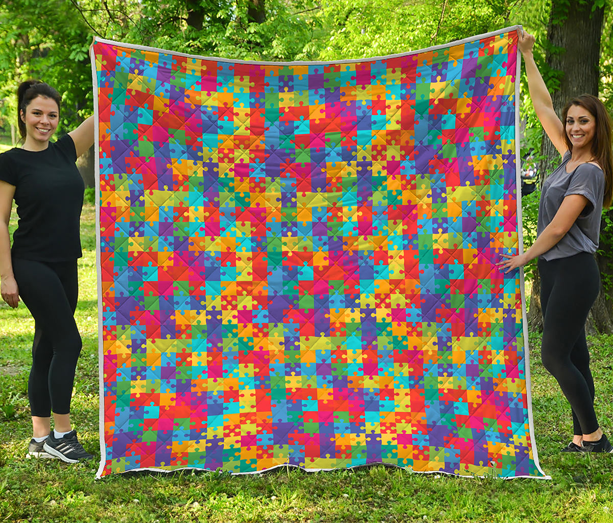 Colorful Autism Awareness Jigsaw Print Quilt