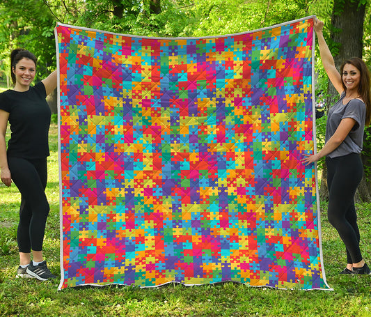 Colorful Autism Awareness Jigsaw Print Quilt