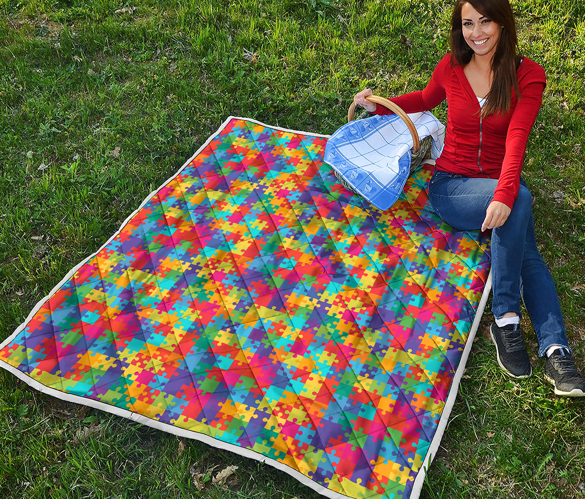 Colorful Autism Awareness Jigsaw Print Quilt