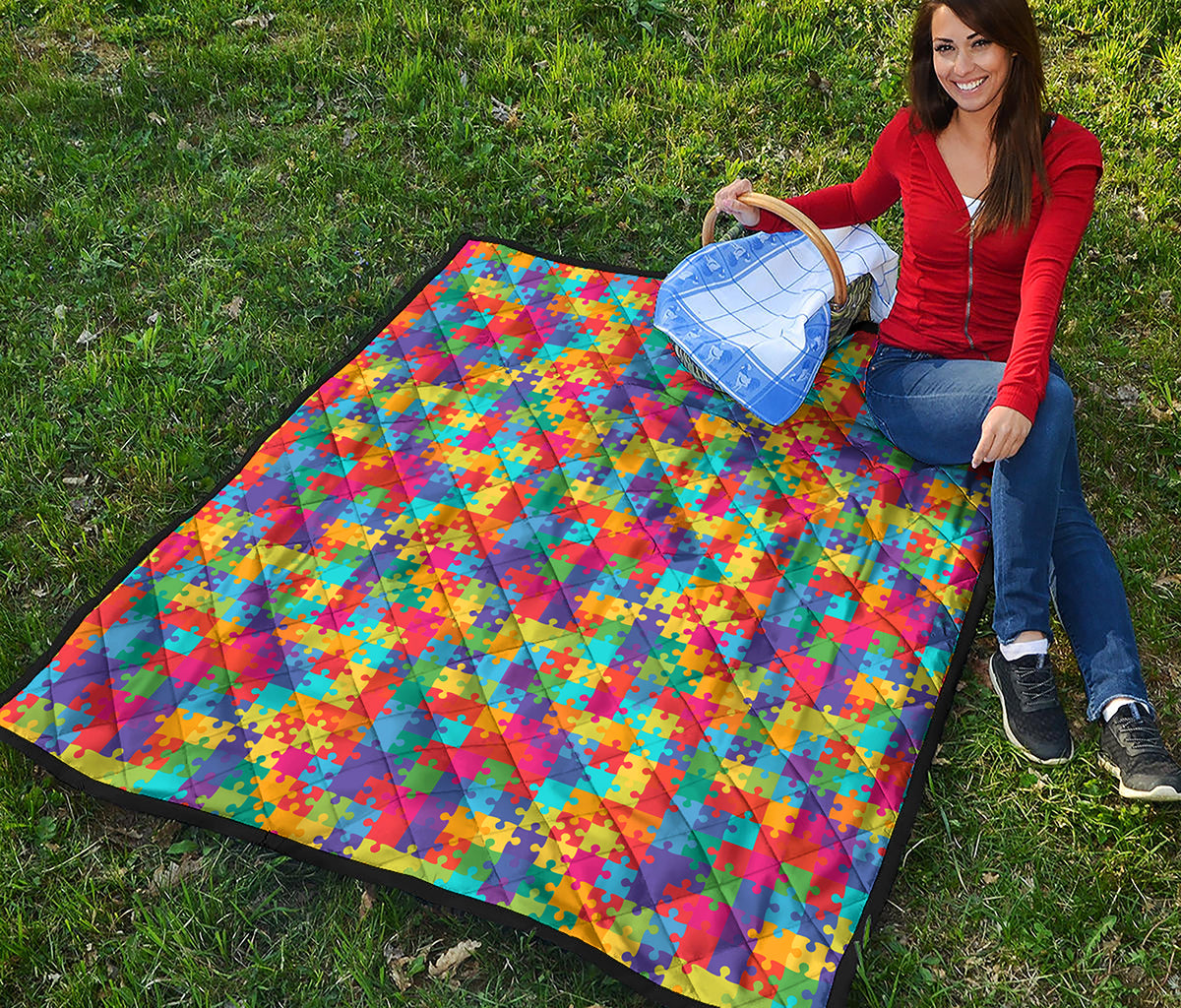 Colorful Autism Awareness Jigsaw Print Quilt