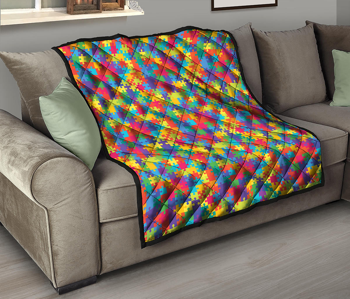 Colorful Autism Awareness Jigsaw Print Quilt