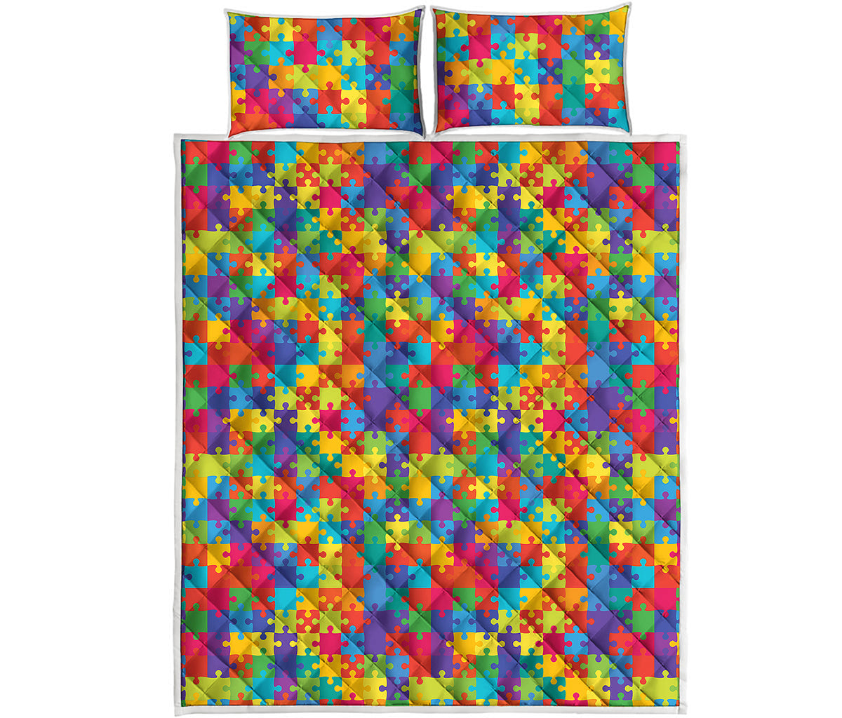 Colorful Autism Awareness Jigsaw Print Quilt Bed Set