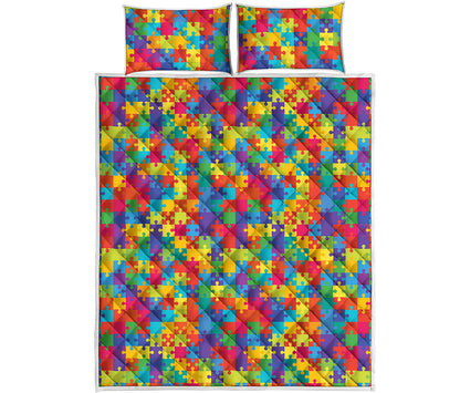 Colorful Autism Awareness Jigsaw Print Quilt Bed Set