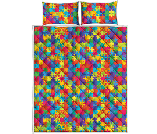 Colorful Autism Awareness Jigsaw Print Quilt Bed Set