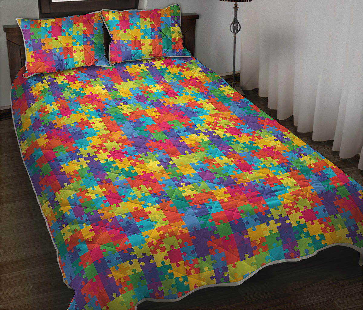 Colorful Autism Awareness Jigsaw Print Quilt Bed Set