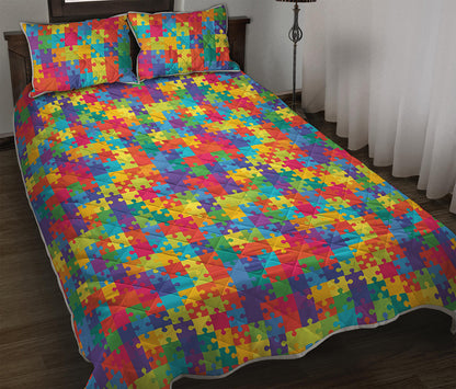 Colorful Autism Awareness Jigsaw Print Quilt Bed Set