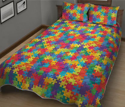 Colorful Autism Awareness Jigsaw Print Quilt Bed Set