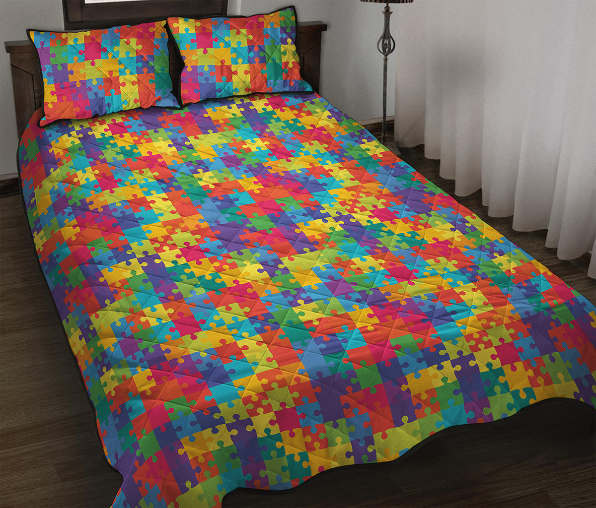 Colorful Autism Awareness Jigsaw Print Quilt Bed Set