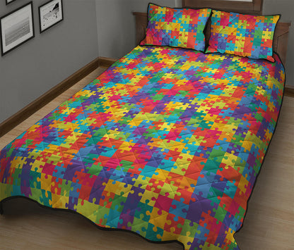 Colorful Autism Awareness Jigsaw Print Quilt Bed Set