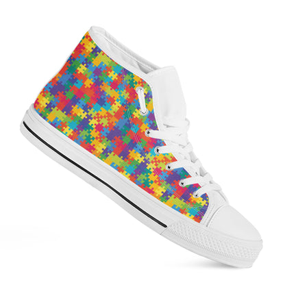 Colorful Autism Awareness Jigsaw Print White High Top Shoes