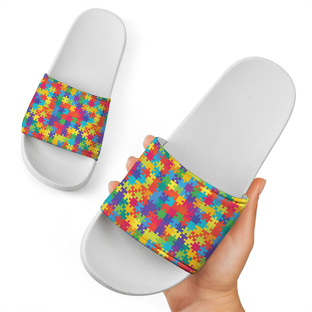 Colorful Autism Awareness Jigsaw Print White Slide Sandals