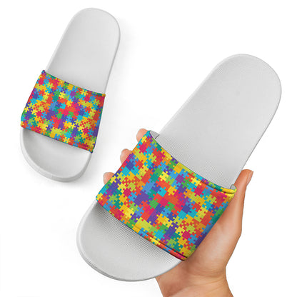 Colorful Autism Awareness Jigsaw Print White Slide Sandals