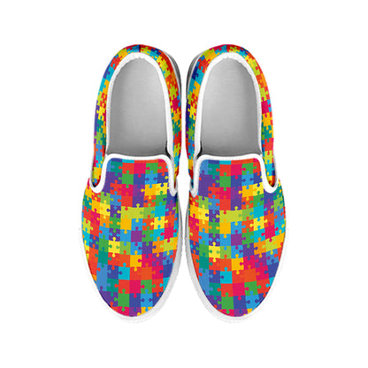 Colorful Autism Awareness Jigsaw Print White Slip On Shoes