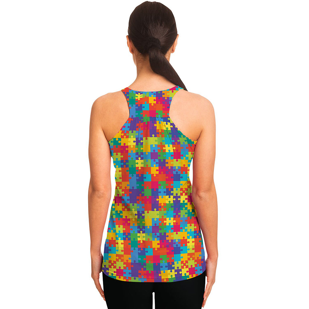 Colorful Autism Awareness Jigsaw Print Women's Racerback Tank Top