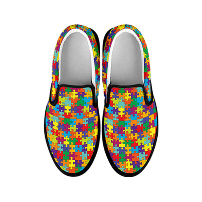 Colorful Autism Awareness Puzzle Print Black Slip On Shoes