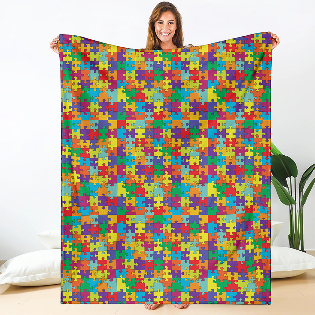 Colorful Autism Awareness Puzzle Print Blanket