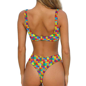 Colorful Autism Awareness Puzzle Print Front Bow Tie Bikini