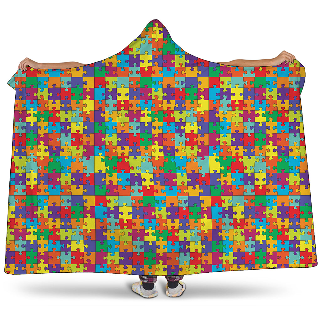 Colorful Autism Awareness Puzzle Print Hooded Blanket