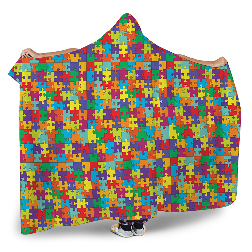 Colorful Autism Awareness Puzzle Print Hooded Blanket