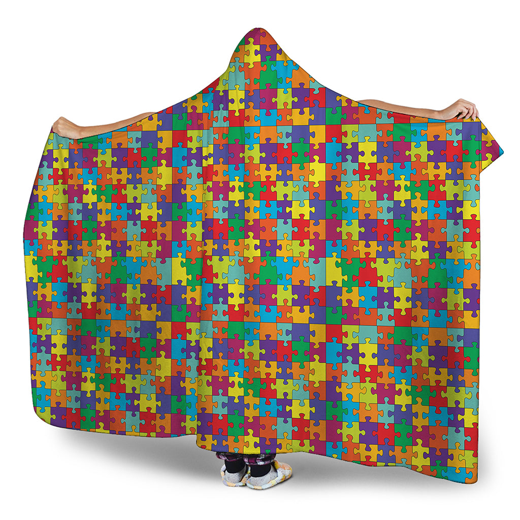 Colorful Autism Awareness Puzzle Print Hooded Blanket