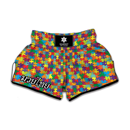 Colorful Autism Awareness Puzzle Print Muay Thai Boxing Shorts