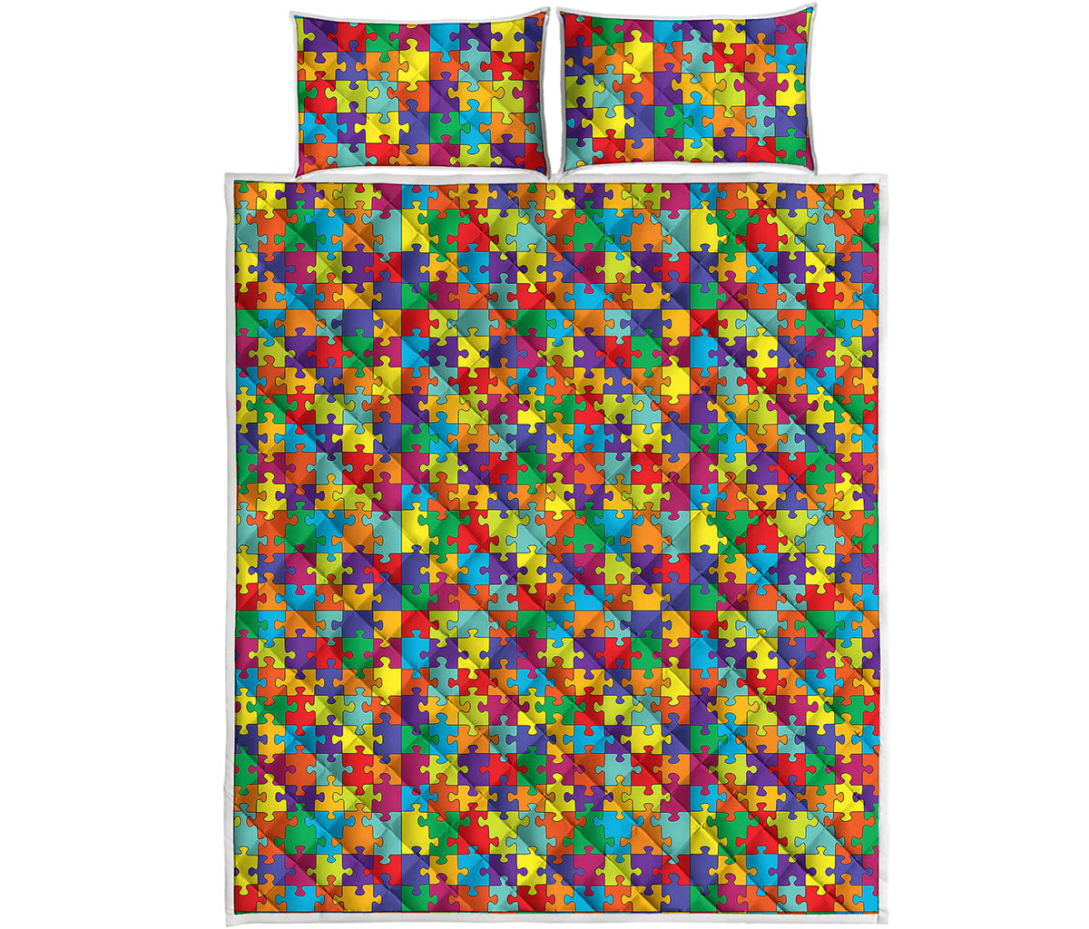 Colorful Autism Awareness Puzzle Print Quilt Bed Set