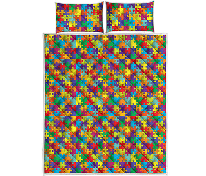 Colorful Autism Awareness Puzzle Print Quilt Bed Set